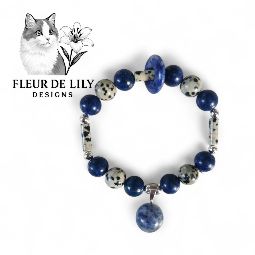 Natural Lapis Lazuli Dalmatian Jasper And Sodalite  10mm Bracelet 7. 5 Inches